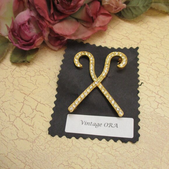 Vintage ORA Crystal Rhinestone Gold Egyptian Pharaoh Crook Scepter Brooch - Picture 11 of 15